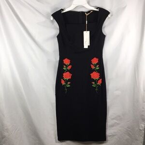Belle Poque Embroidered Rose Black Midi Dress Size S NEW With Tags